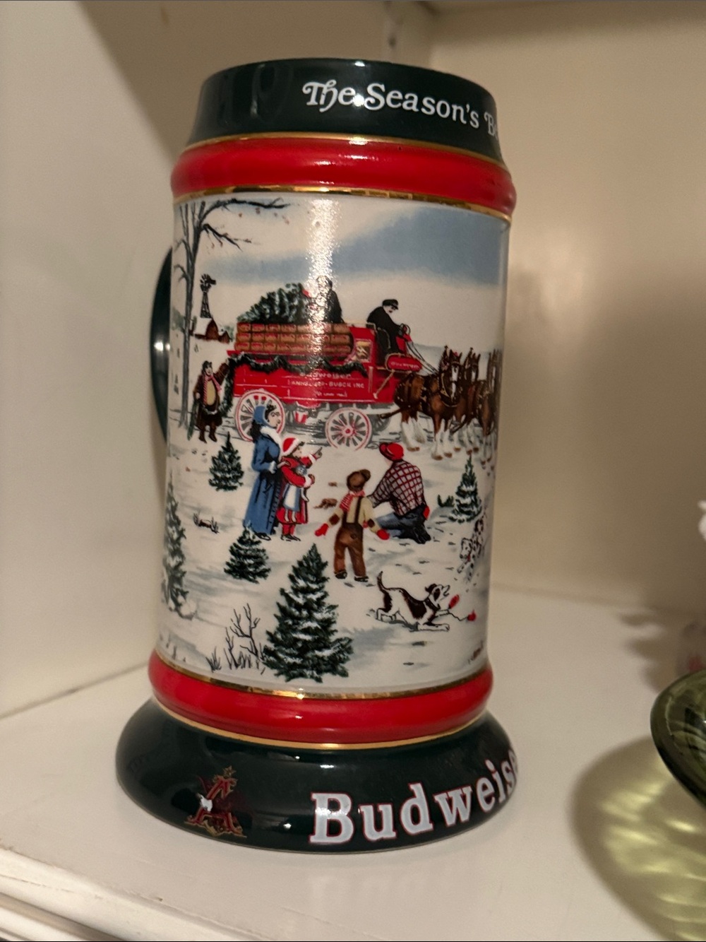 1991 Collectors series Budweiser Holiday Ceramic Stein - Red, Green, White, Gold